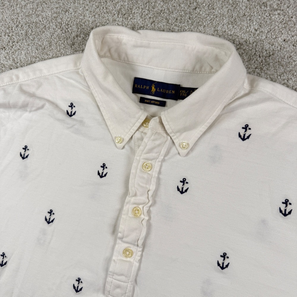 Ralph Lauren Polo Shirt Mens XXL White Anchor Print Knit Oxford Short Sleeve